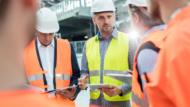 Engineers inspecting a high-security military barracks construction project.