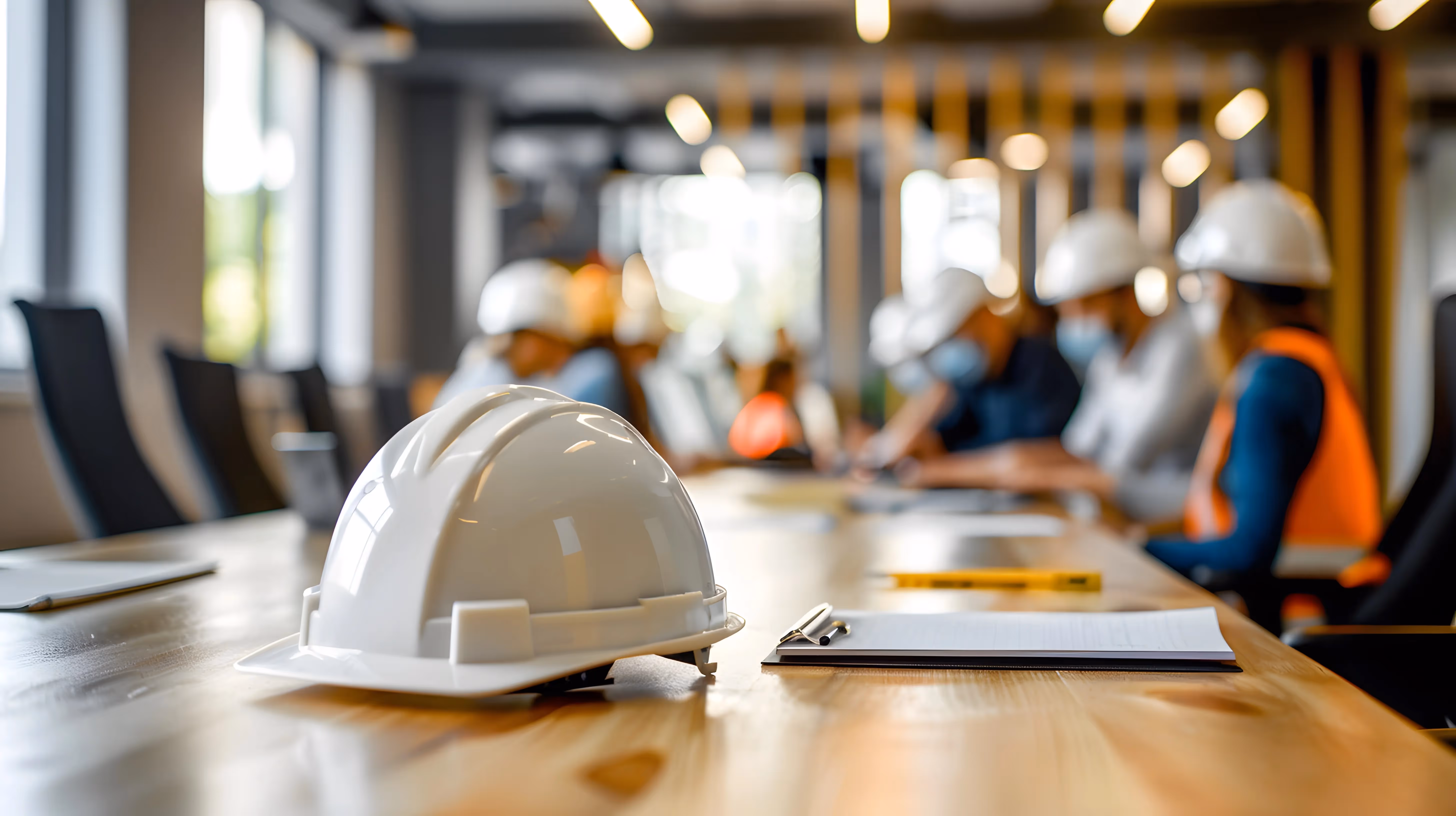 Engineers wearing safety vests and hard hats analyzing blueprints in front of an industrial facility.