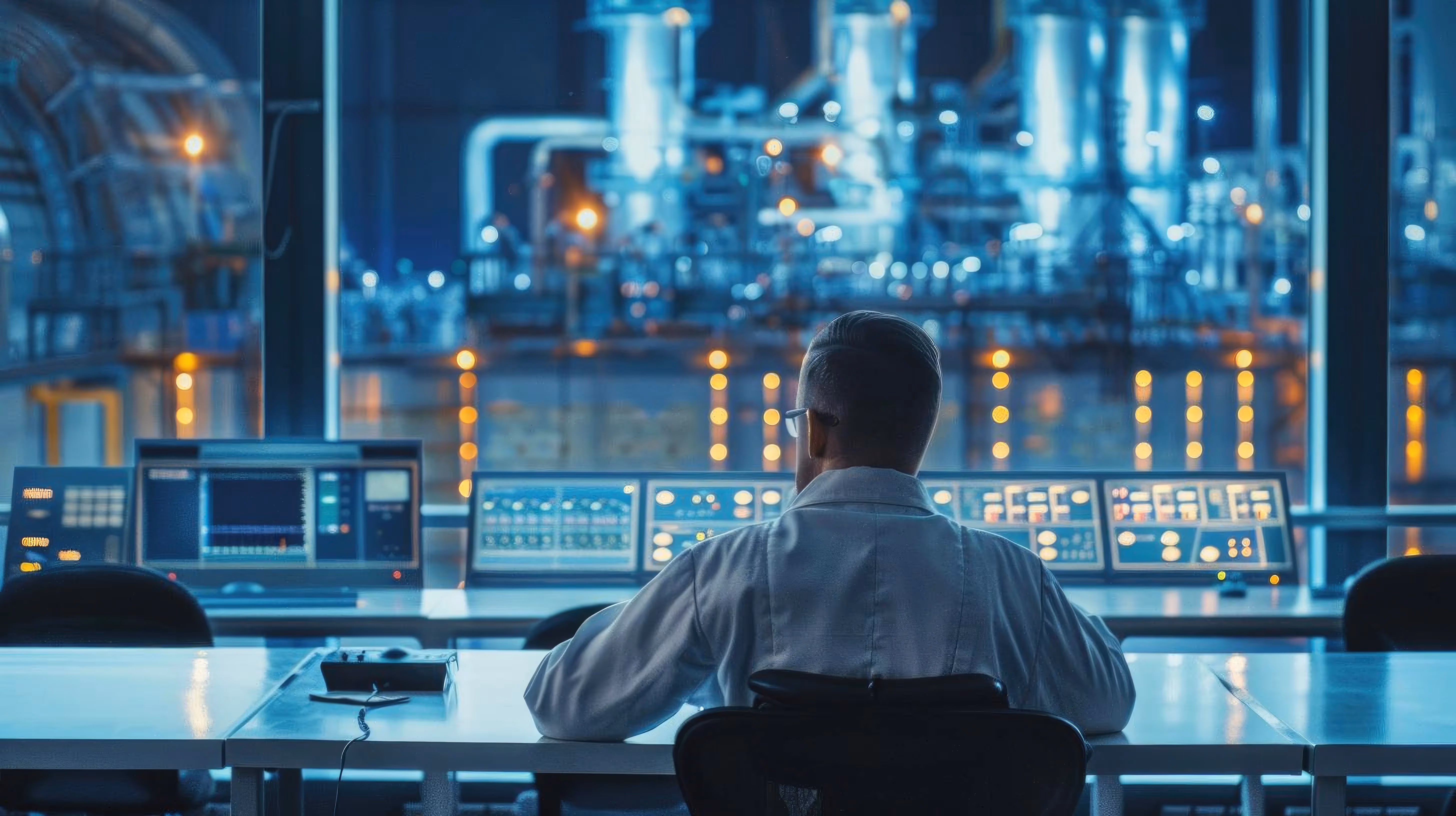 A professional engineer monitoring advanced systems in a nuclear facility control room.