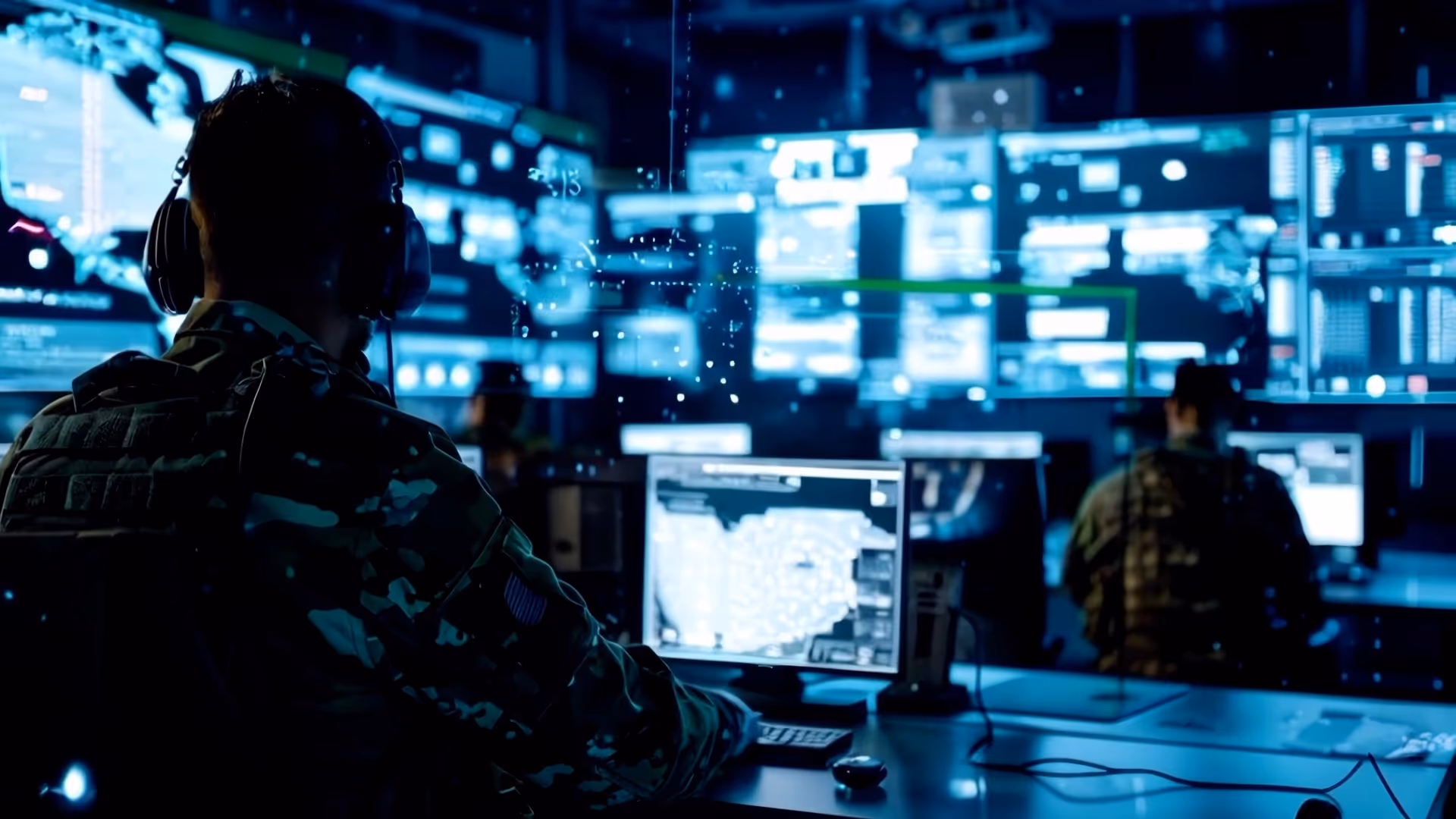 A high-tech tactical operations command center with military personnel in camouflage uniforms and headsets monitoring a large wall of glowing screens, digital maps, and system diagnostics illuminated in a neon-blue light.